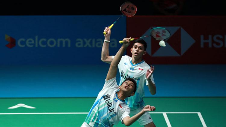 Fajar Alfian/Muhammad Rian Ardianto saat melawan Kevin Sanjaya Sukamuljo/Marcus Fernaldi Gideon di Malaysia Open 2019, Jumat (5/3/19).