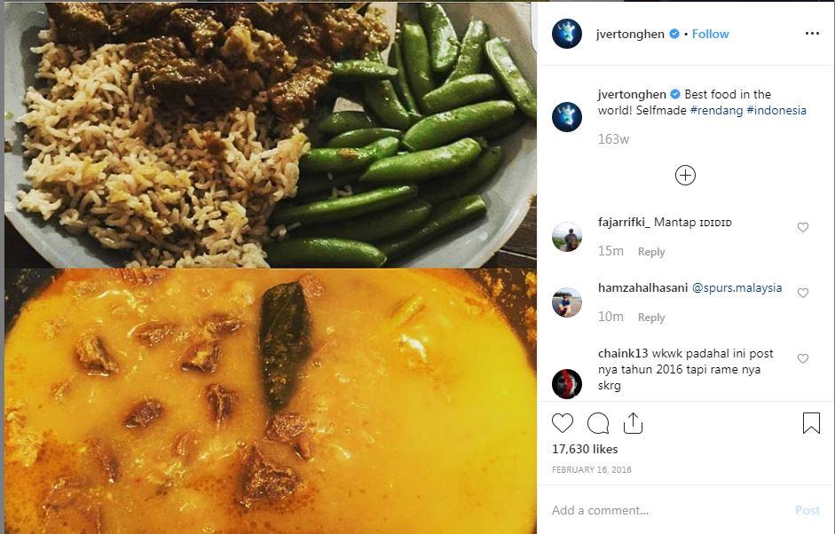 Bek Tottenham Hotspur, Jan Vertonghen sebut rendang berasal dari Indonesia Copyright: Instagram