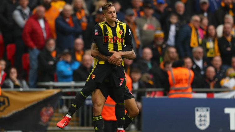 Gerard Deulofeu merayakan golnya yang meloloskan Watford ke final Piala FA 2018/19 menghadapi Manchester City, Minggu (07/04/19). Catherine Ivill/Getty Images Copyright: Catherine Ivill/Getty Images