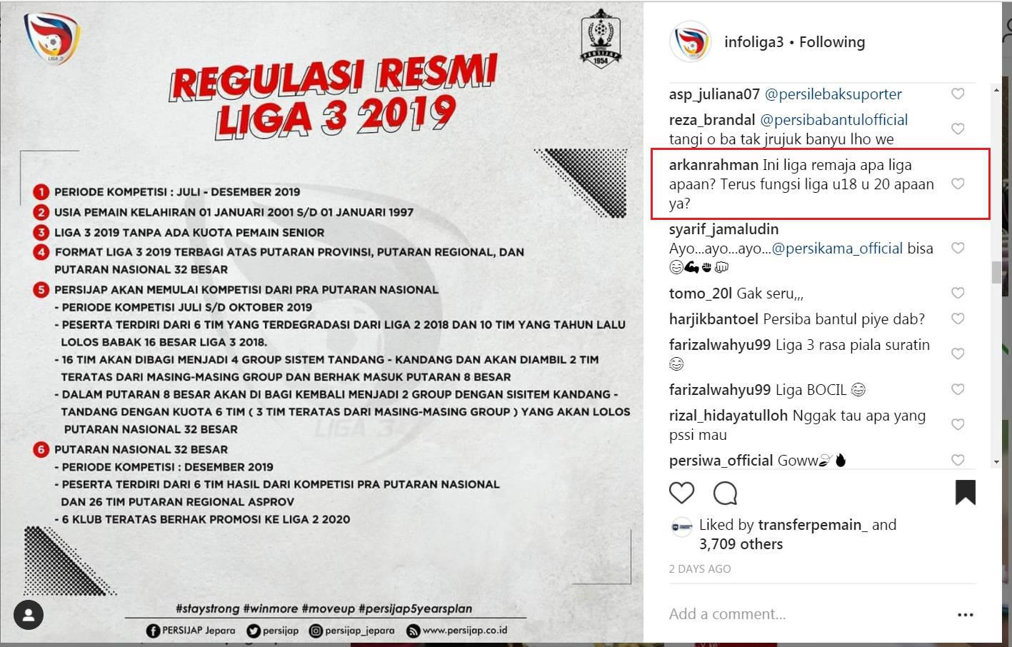 Netizen Kritik Regulasi Liga 3 2019. Copyright: Instagram.com/infoliga3