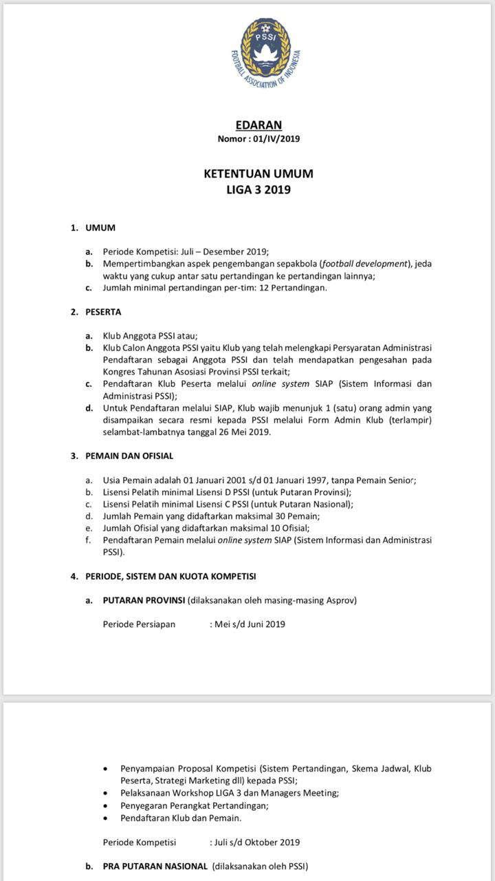 Surat edaran dari PSS tentang regulasi Liga 3 2019. Copyright: PSSI