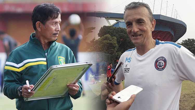 Pelatih Persebaya, Djajang Nurdjaman dan pelatih Arema FC, Milomir Seslija jelang laga Persebaya vs Arema FC. Foto: INDOSPORT