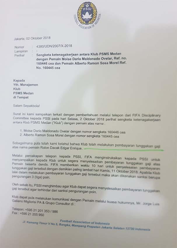 Surat PSSI kepada PSMS Medan terkait penundaan Gaji Copyright: Istimewa
