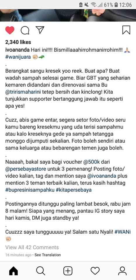 Ivo Ananda, istri dari Presiden Persebaya Surabaya, Azrul Ananda mengajak Bonek agar dapat menjaga ketertiban dan kebersihan dari Stadion Gelora Bung Tomo. Copyright: Instagaram IvoAnanda