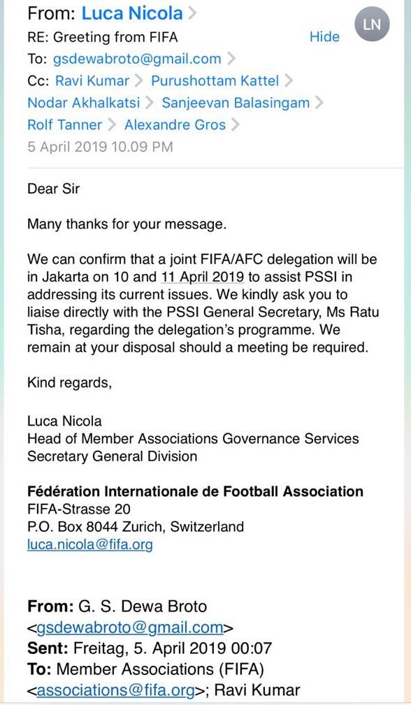 email balasan dari Luca Nicola ke Sesmenpora terkait kedatangannya ke Jakarta Copyright: Kemenpora