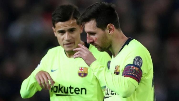Hidung Kapten Barcelona, Lionel Messi berdarah usai duel udara dengan Chris Smalling di pertandingan leg pertama Perempat Final Liga Champions, (10-04-2019). Copyright: The Sun