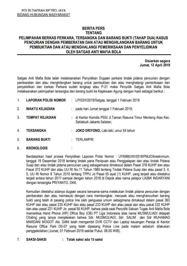 Surat pelimpahan berkas perkara  Joko Driyono ke Kejaksaan Agung. Copyright: Satgas Antimafia Bola Indonesia