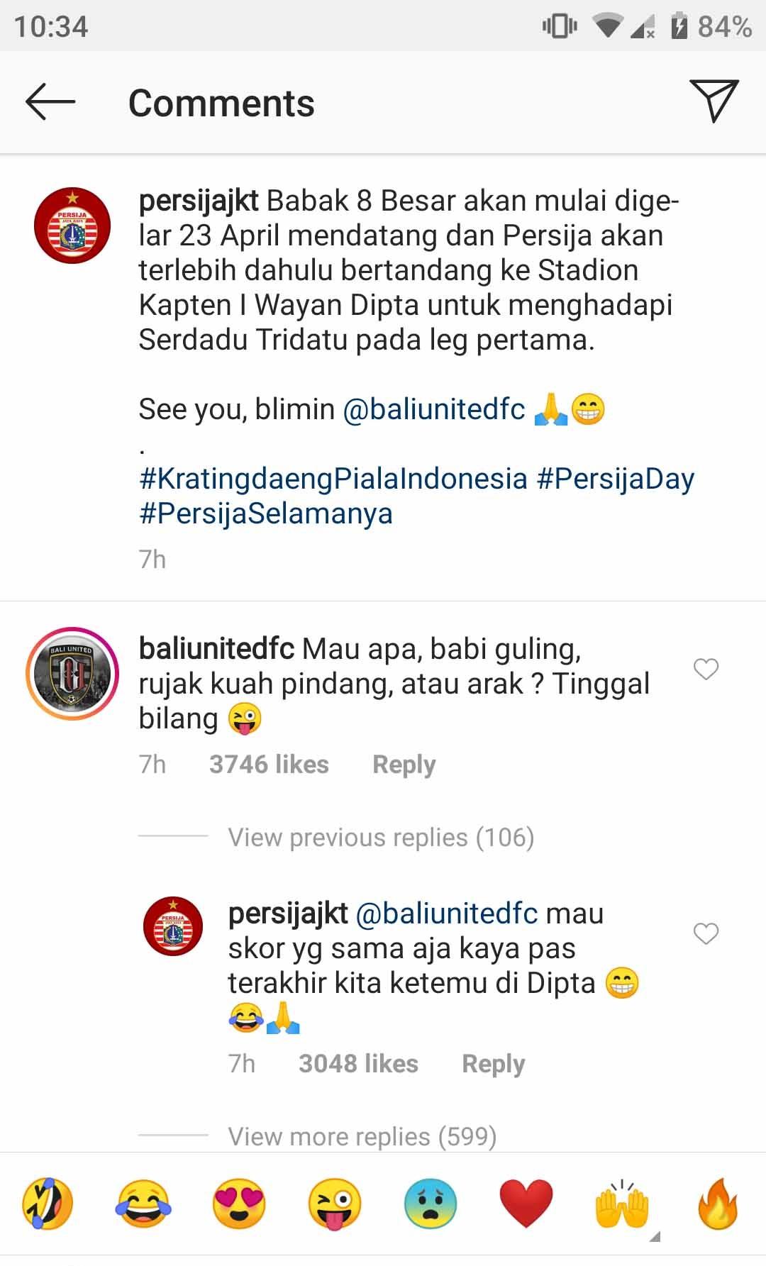 Bali United menawarkan beberapa makanan dan minuman kepada Persija di Instagram. Copyright: Instagram.com/PersijaJKT
