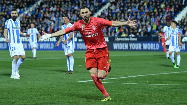 Selebrasi gol Karim Benzema ke gawang Leganes. Copyright: Soccrates Images / Getty Images