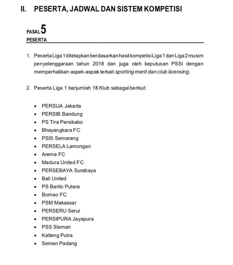 Regulasi peserta Liga 1 2019 pasal 5 Copyright: Twitter/@MafiaWasit