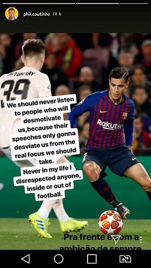 Unggahan Instagram Story Pihilippe Coutinho setelah selebrasi kontroversial kontra Manchester United. Copyright: Instagram @phil.coutinho