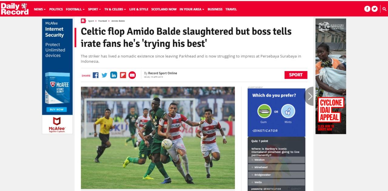 Media Skotlandia, Daily Record, soroti Amido Balde yang mulai dikecam Bonek Copyright: Daily Record