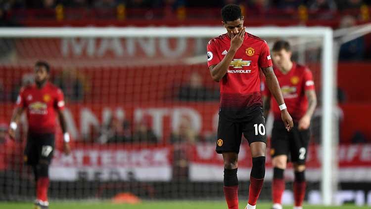 Marcus Rashford tertunduk lesu usai gawang timnya kebobolan pada laga Liga Primer Inggris di Old Trafford pada 24 April 2019. Shaun Botterill/Getty Images Copyright: Shaun Botterill/Getty Images