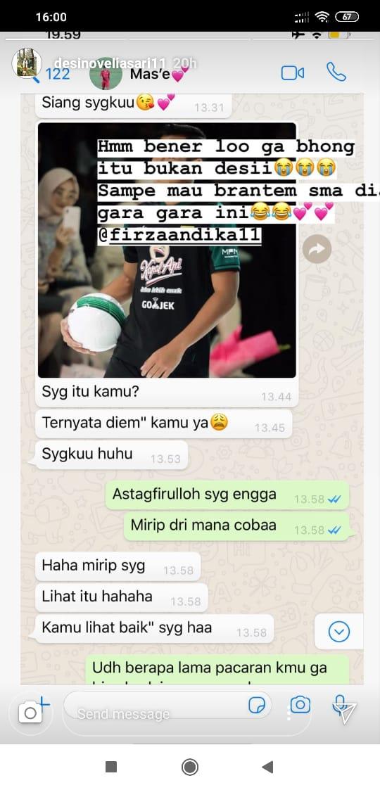 Percakapan antara Firza Andika dan kekasihnya. Copyright: Instagram.com/desinoveliasari11