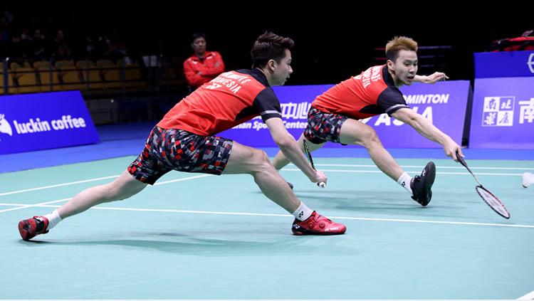 Kevin Sanjaya/Marcus Gideon saat kalah di final Badminton Asia Championships 2019.