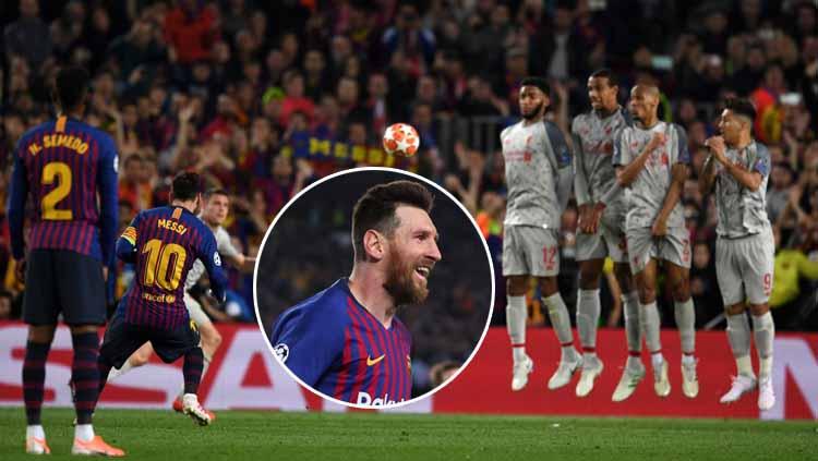 Lionel Messi saat mengekeskusi tendangan bebas ke gawang Liverpool dan gol. Etsuo Hara/Getty Images