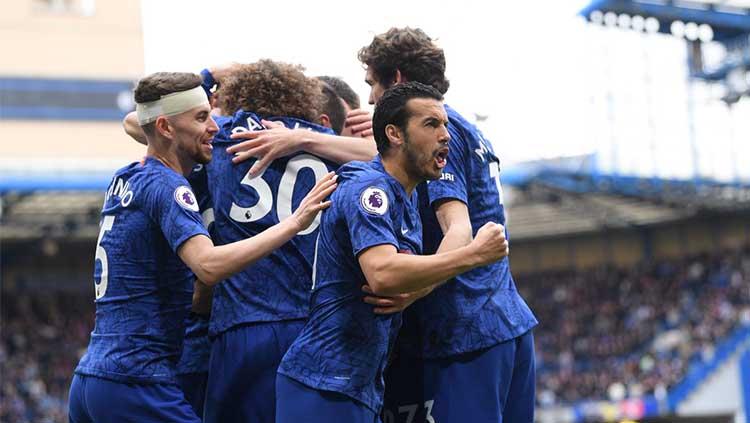 Pemain Chelsea merayakan gol ke gawang Watford, Minggu (05/05/19), di Stamford Bridge.