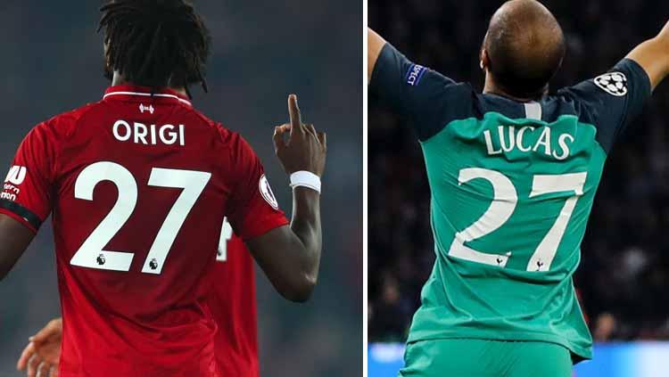 Pemain Liverpol, Divock Origi, dan pemain Tottenham Hotspur, Lucas Moura, dalam laga Liga Champions. Foto: Robbie Jay Barratt/Matthew Ashton/Getty Images.