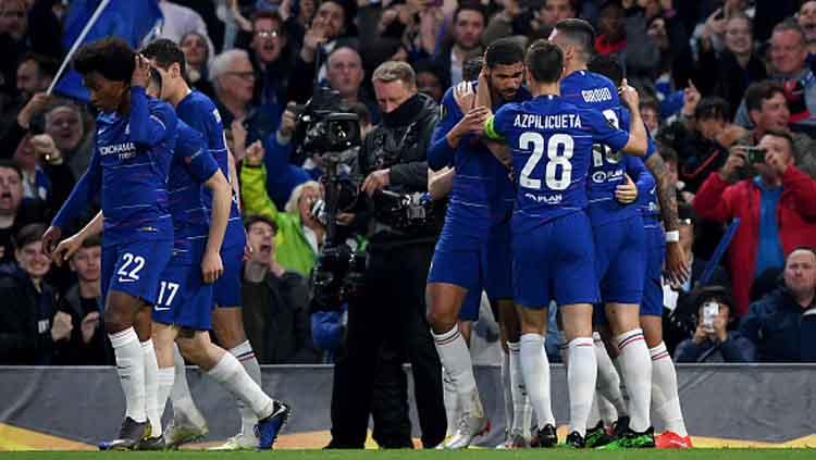 Selebrasi para pemain Chelsea saat unggul sementara atas Eintracht Frankfurt di semifinal leg 2 Liga Europa 2018-19 - INDOSPORT
