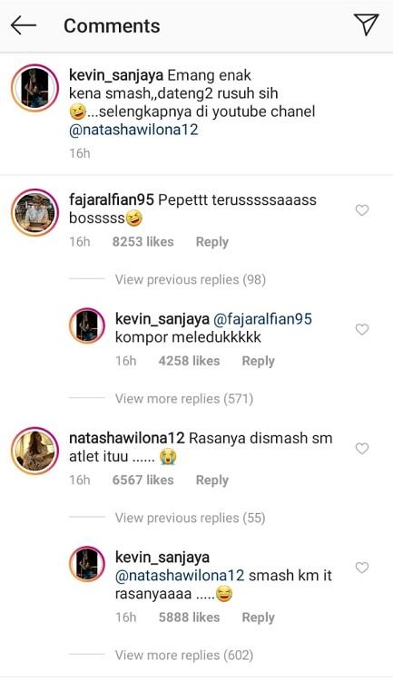 Percakapan Kevin Sanjaya dan Natasha Wilona di kolom komentar Instagram usai pukulan smes mematikan Copyright: Instagram/Kevin Sanjaya