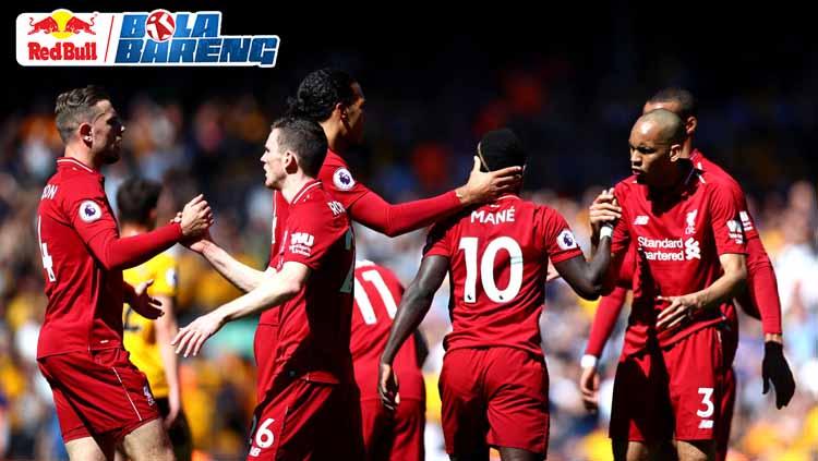Aksi selebrasi pemain Liverpool saat melawan Wolves di Anfield 12/05/19.