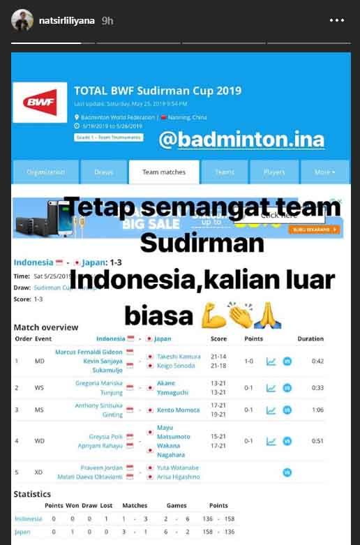 Liliyana Natsir memberi dukungan terhadap pebulutanagkis yang berlaga di ajang Piala Sudirman. Copyright: Liliyana Natsir