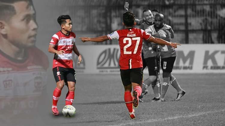 Andik Vermansah saat melakukan selebrasi di Madura United.