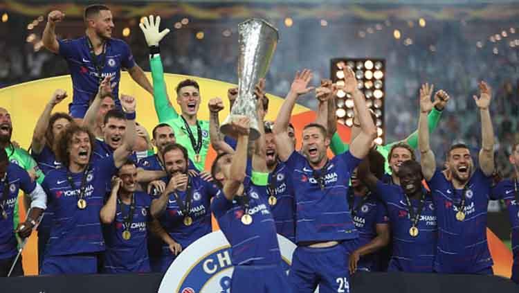Kemeriahan tim Chelsea merayakan kemenangan juara Liga Europa, 29/05/19. Resul Rehimov/Anadolu Agency/Getty Images - INDOSPORT