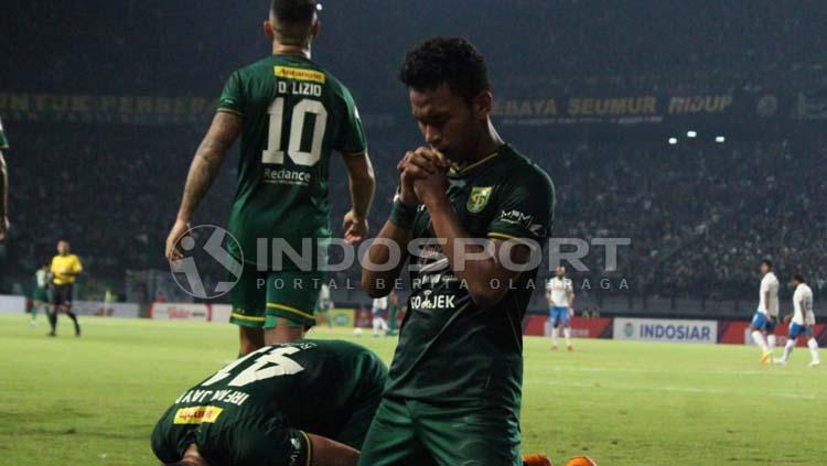 Selebrasi gol Osvaldo Haay di laga Persebaya vs PSIS, Liga 1 2019, Kamis (30/05/19).