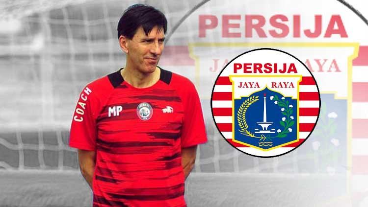 Milan Petrovic dan logo Persija Jakarta.