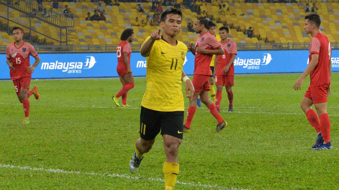 Pemain Malaysia Shahrul Saad usai mencetak gol ke gawang Nepal, Minggu (02/06/19). Copyright: twitter.com/fam_malaysia