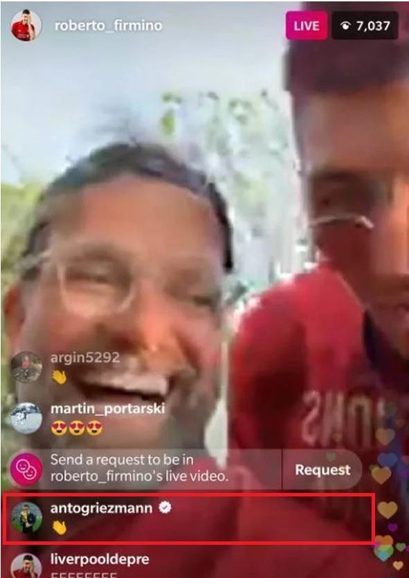 Antoin Griezmann memberikan komentar di live instagram Roberto Firmino. Copyright: instagram.com/roberto_firmino