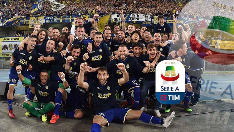 Pemain Hellas Verona merayakan kemenangan dalam pertandingan leg kedua Final Playoff antara Hellas Verona vs AS Cittadella di Verona, Italia, Minggu (02-06-2019). Foto: Giuseppe Bellini/Getty Images - INDOSPORT