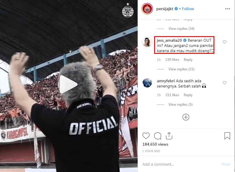 Komentar Jess Amalia di Instagram Persija Jakarta. Copyright: Instagram Persija Jakarta