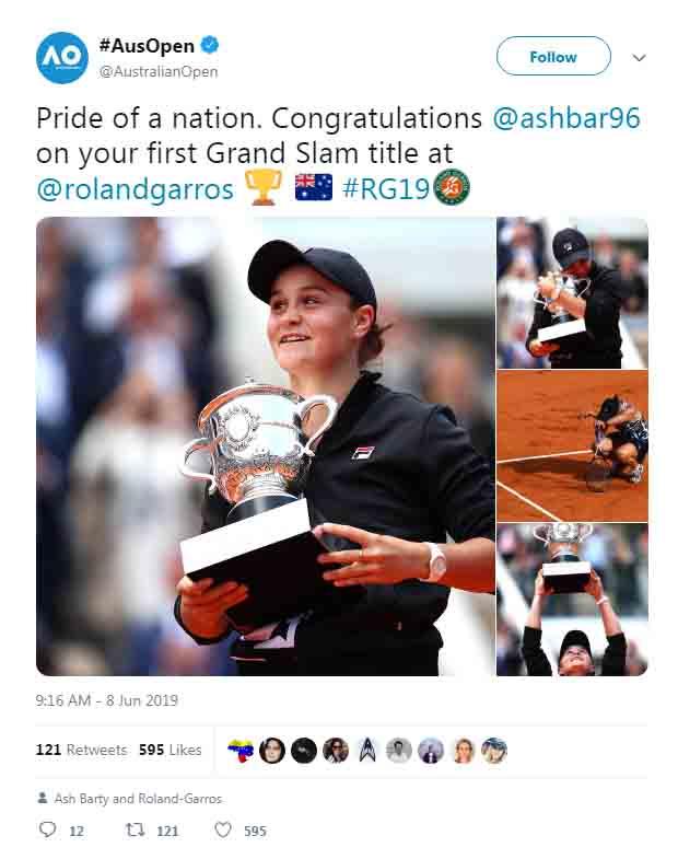 Twitter Australia Open 2019 memberikan ucapan selamat kepada Ash Barty saat berhasil menjadi juara Prancis Terbuka 2019. Copyright: Twitter Australia Open 2019