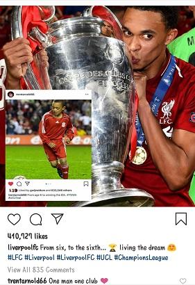 Trent Alexander-Arnold turut mengomentari fotonya di akun Instagram Liverpool. Copyright: Instagram @liverpoolfc