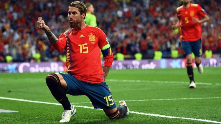 Sergio Ramos merayakan gol tendangan penalti saat pertandingan Spanyol vs Swedia di Kualifikasi Euro 2020. (Foto: David Ramos/Getty Images) Copyright: David Ramos/Getty Images