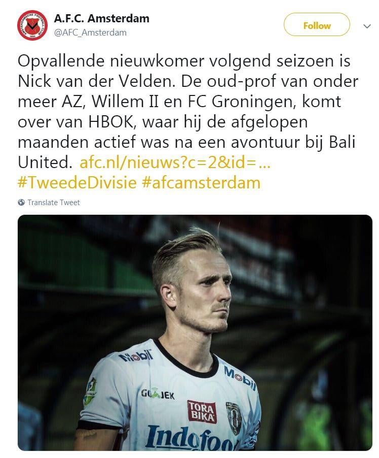 Nick van der Velden gabung klub kasta kedua liga Belanda. Copyright: Twitter/AFC Amsterdam
