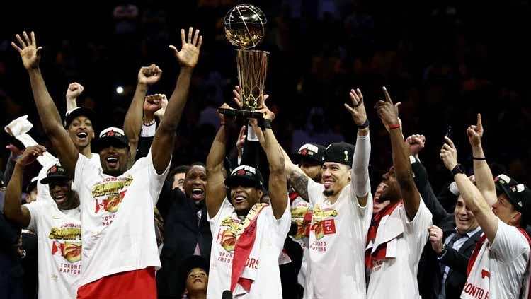 Aksi selebrasi para pemain Toronto Raptors juara NBA musim 2019 di Oracle Arena. Jumat, 14/06/19. Ezra Shaw/Getty Images