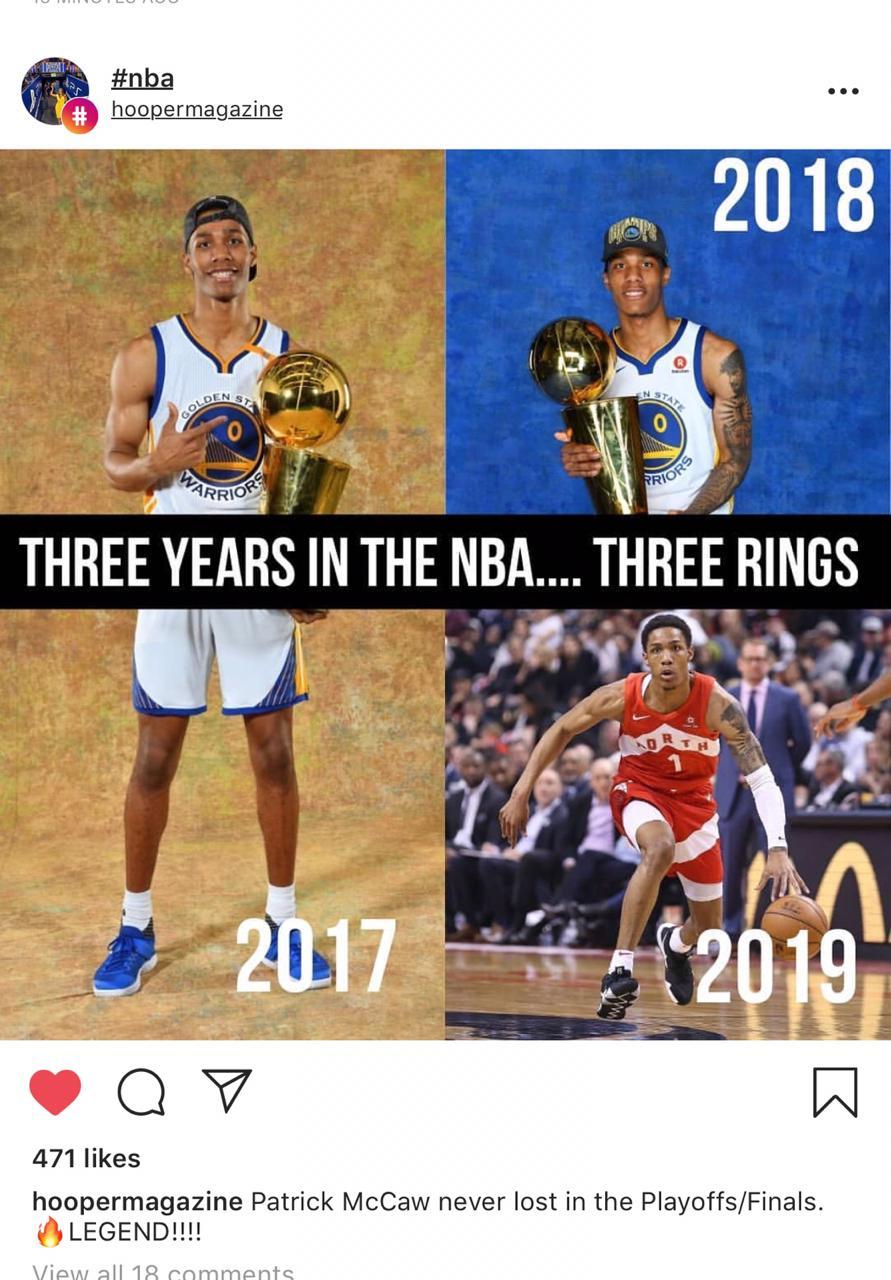 Patrick McCaw meraih gelar juara NBA 2019 ketiga kalinya secara beruntun. Copyright: instagram.com/hoopermagazine