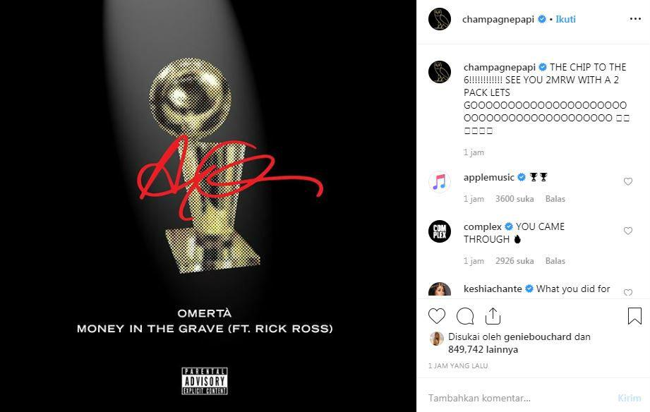 Drake akan menciptakan dua lagu sebagai hadiah kemenangan Toronto Raptors di NBA 2019. Copyright: Instagram/Champagne Papi