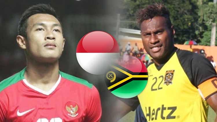 Persaingan dua bek, pemain Timnas Indonesia Hansamu Yama Pranata dan pemain Vanuatu, Brian Kaltack. Foto: bolastylo.bolasport/vbtc.vu