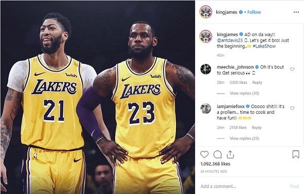Sambutan LeBron James ke Anthony Davis yang bergabung dengan Los Angeles Lakers Copyright: Instagram/LeBronJames