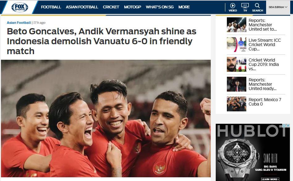 Sorotan Media Fox Sports Atas Kemenangan Telak Timnas Indonesia Copyright: Fox Sports Asia