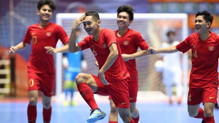 Para pemain Timnas Futsal Indonesia U-20 saat merayakan gol kedua di Piala AFC Futsal U-20 2019, Minggu (16/06/19).