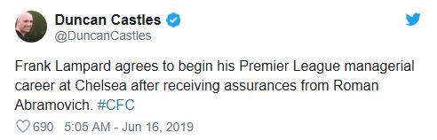 Seorang jurnalis bernama Duncan Castles menyebut Frank Lampard sudah setuju menukangi Chelsea. Copyright: Twitter @DuncanCastles