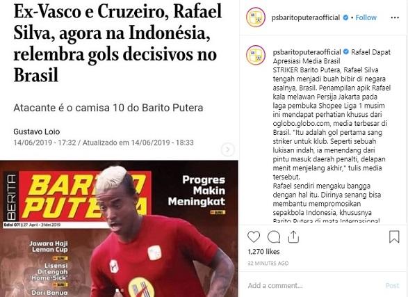 Striker Asing Barito Putra, Rafael Silva, menjadi sorotan media Brasil atas gol yang dicetak saat melawan Persija Jakarta di Shopee Liga 1 2019 Copyright: Instagram/Barito Putra