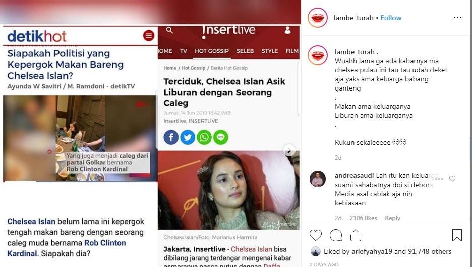 Positngan Lambe Turah soal Chelsea Islan dekat dengan politisi. Copyright: Instagram Lambe Turah