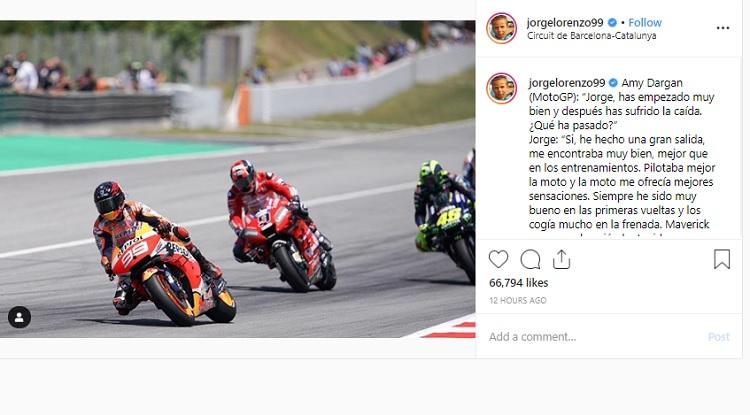 Postingan Jorge Lorenzo yang menjelaskan penyebab kecelakaan beruntun terjadi di MotoGP Catalan 2019, Minggu (16/06/19) Copyright: Instagram/Jorge Lorenzo