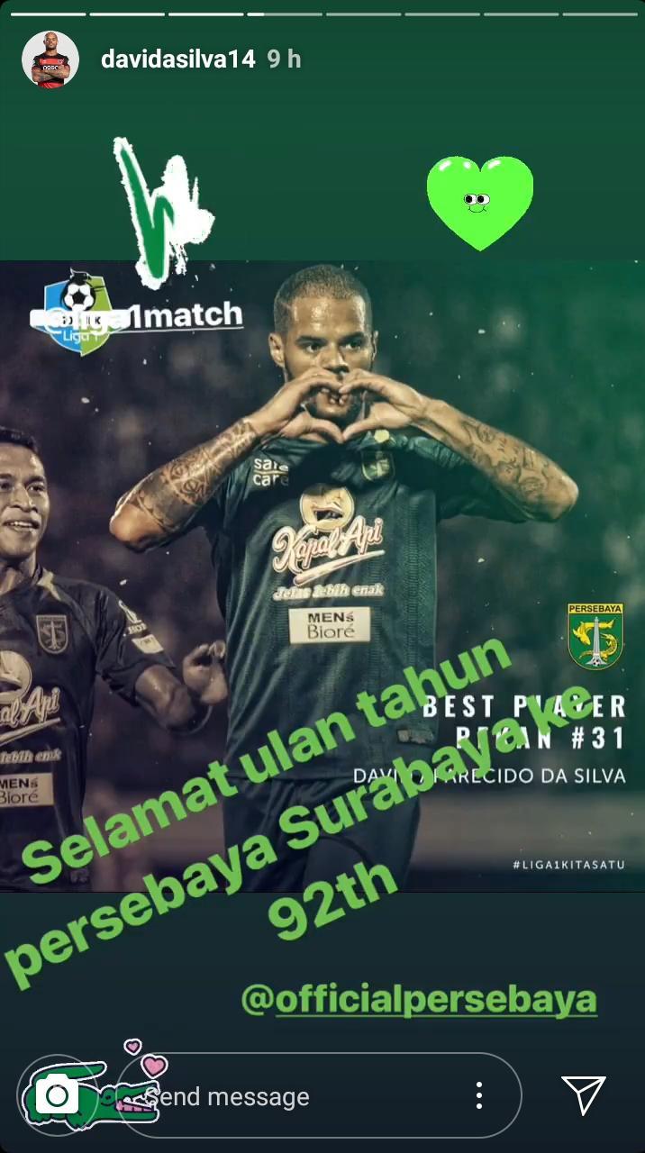 David da Silva memberikan ucapan selamat ulang tahun ke Persebaya di Instastorynya. Copyright: instagram.com/davidasilva14